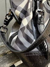 Load image into Gallery viewer, BURBERRY Black Grey Check Nylon Patent Leather Handle Shoulder Bag