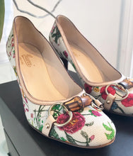 Load image into Gallery viewer, GUCCI Floral Canvas Leather Multicolour Bamboo Horsebit Mid Heel Pumps
