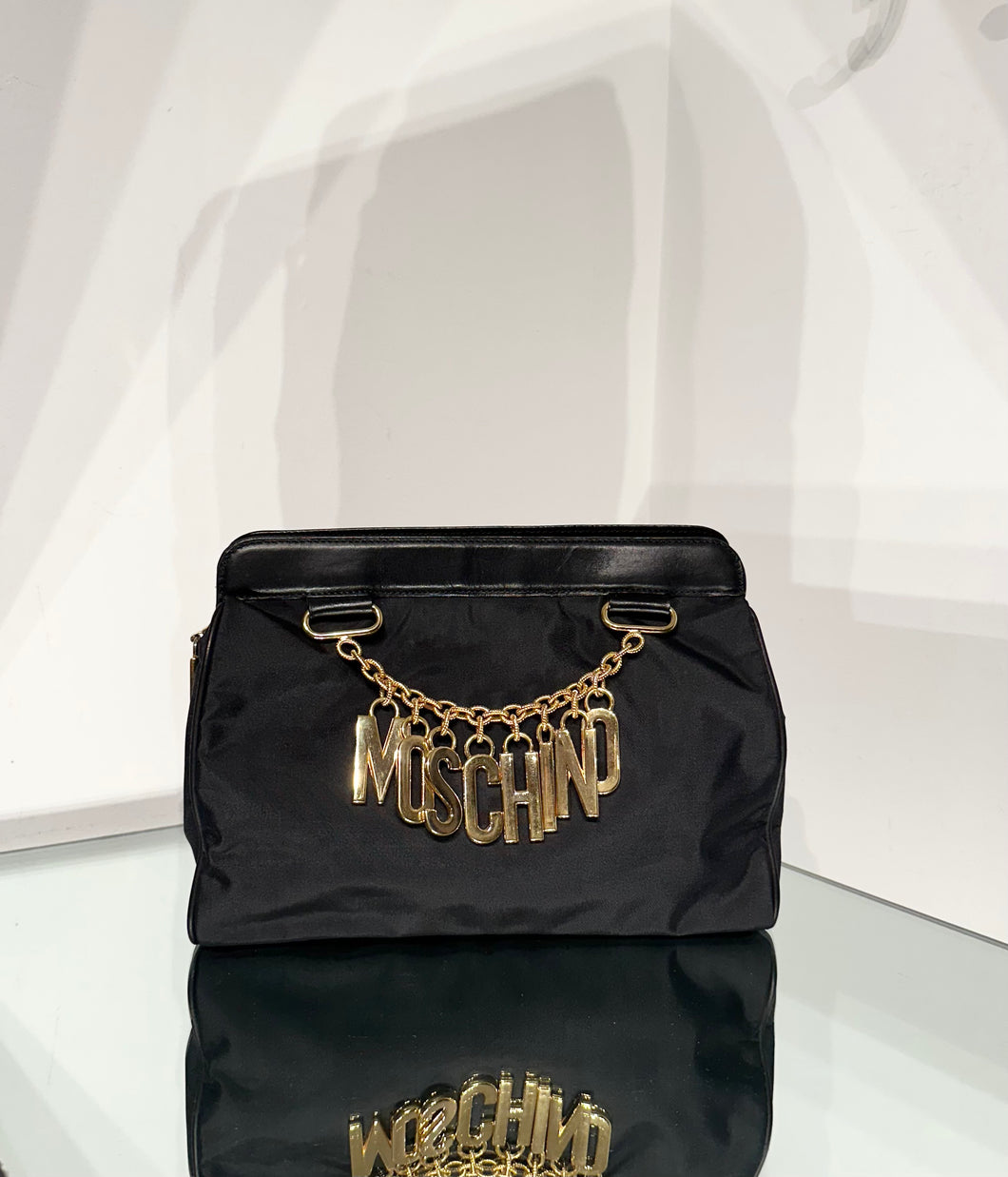 Moschino Vintage Black Nylon Leather Trim Clutch