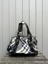 Load image into Gallery viewer, BURBERRY Black Grey Check Nylon Patent Leather Handle Shoulder Bag
