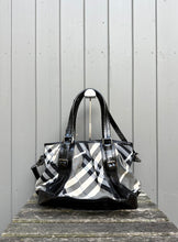 Load image into Gallery viewer, BURBERRY Black Grey Check Nylon Patent Leather Handle Shoulder Bag
