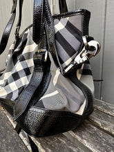 Load image into Gallery viewer, BURBERRY Black Grey Check Nylon Patent Leather Handle Shoulder Bag
