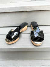 Load image into Gallery viewer, JIMMY CHOO Panna Black Patent Leather Cork Wedge Slide Sandals
