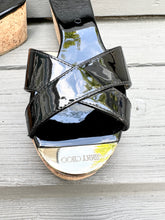 Load image into Gallery viewer, JIMMY CHOO Panna Black Patent Leather Cork Wedge Slide Sandals
