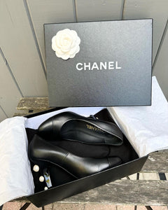 CHANEL Pearl Embellished Lambskin Leather High Heel Pumps