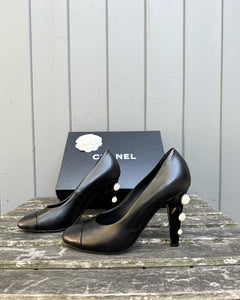 CHANEL Pearl Embellished Lambskin Leather High Heel Pumps