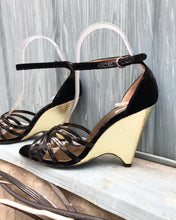 Load image into Gallery viewer, MIU MIU Patent Leather Velvet Gold Wedge Heels
