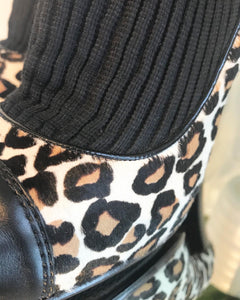VICINI Calf Hair Leopard Print Leather Knit Pull On Platform Ankle Boots