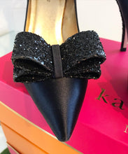 Load image into Gallery viewer, KATE SPADE Latrice Navy Satin Black Glitter Bow Pointy High Heel Pumps
