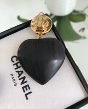Load image into Gallery viewer, CHANEL Vintage CC Logo Faux Pearl and Wood Heart Drop Clip On Earrings
