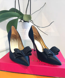 KATE SPADE Latrice Navy Satin Black Glitter Bow Pointy High Heel Pumps
