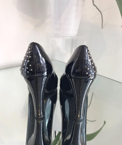STUART WEITZMAN Black Patent Leather Studded Pumps