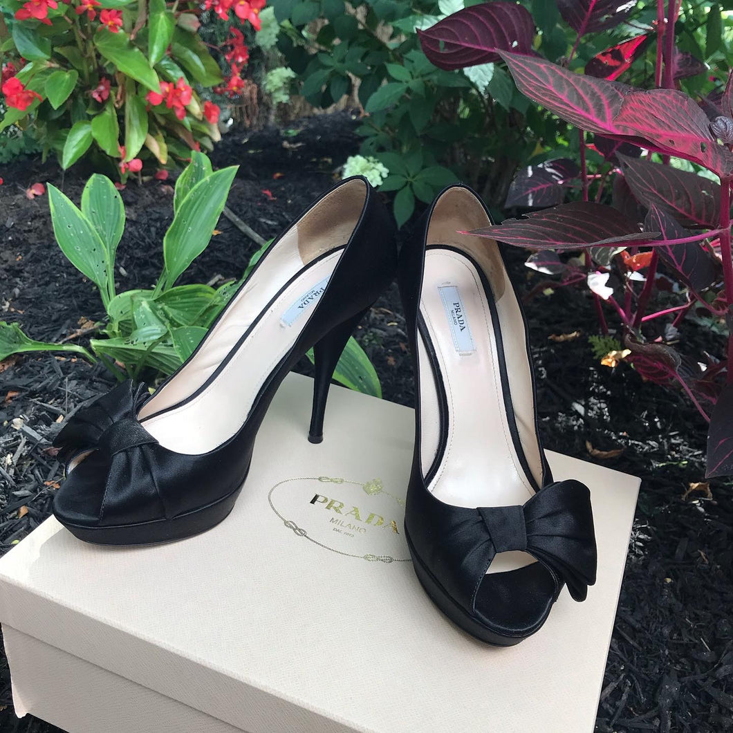 PRADA Satin Bow Peep Toe High Heels