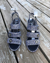 Load image into Gallery viewer, CHANEL Blue Tweed Turn Lock Silver CC Block Heel Sandals
