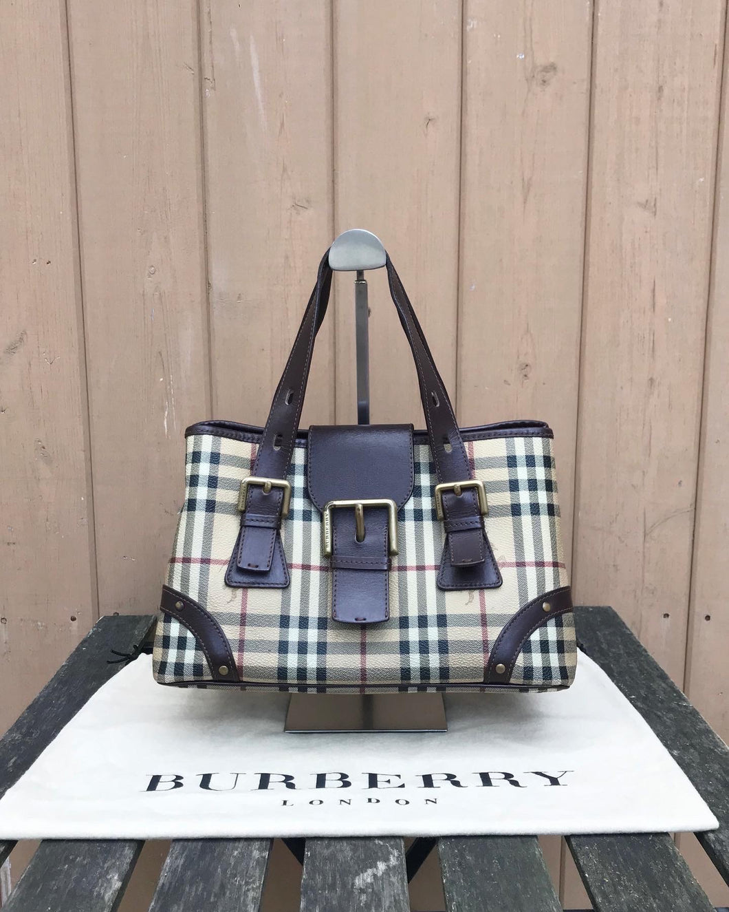 Vintage BURBERRY Haymarket Check Coated Canvas Leather Handle Bag