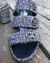 Load image into Gallery viewer, CHANEL Blue Tweed Turn Lock Silver CC Block Heel Sandals
