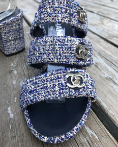 CHANEL Blue Tweed Turn Lock Silver CC Block Heel Sandals