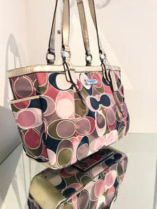 COACH Signature Gallery Scarf Print Satin Leather Shoulder Bag