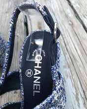 Load image into Gallery viewer, CHANEL Blue Tweed Turn Lock Silver CC Block Heel Sandals
