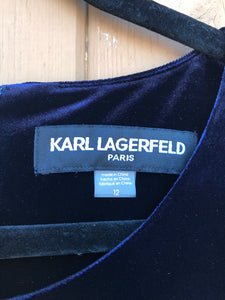 KARL LAGERFELD Navy Short Sleeve Ruffle Embellished Velvet Dress