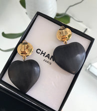Load image into Gallery viewer, CHANEL Vintage CC Logo Faux Pearl and Wood Heart Drop Clip On Earrings
