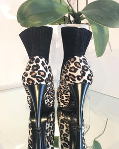 VICINI Calf Hair Leopard Print Leather Knit Pull On Platform Ankle Boots