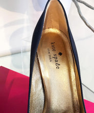 Load image into Gallery viewer, KATE SPADE Latrice Navy Satin Black Glitter Bow Pointy High Heel Pumps

