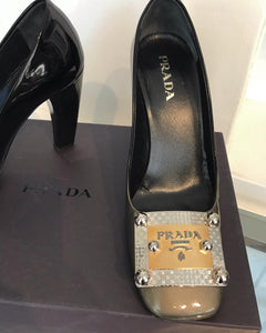 PRADA Patent Leather Logo Plate Square Toe High-Heel Pumps