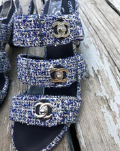 Load image into Gallery viewer, CHANEL Blue Tweed Turn Lock Silver CC Block Heel Sandals
