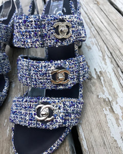 CHANEL Blue Tweed Turn Lock Silver CC Block Heel Sandals