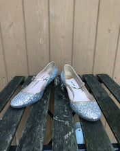 Load image into Gallery viewer, MIU MIU Glitter Crystal Embellished Mid Block Heel Mary Jane Pumps
