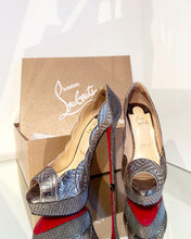 Load image into Gallery viewer, CHRISTIAN LOUBOUTIN 150 MM Silver Metallic Torsatoe Glitter Platform Peep-Toe High Heel Pumps

