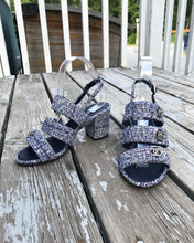 Load image into Gallery viewer, CHANEL Blue Tweed Turn Lock Silver CC Block Heel Sandals
