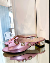 Load image into Gallery viewer, GUCCI Lyric Crystal Embellished Block Heel Leather Mules

