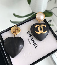 Load image into Gallery viewer, CHANEL Vintage CC Logo Faux Pearl and Wood Heart Drop Clip On Earrings
