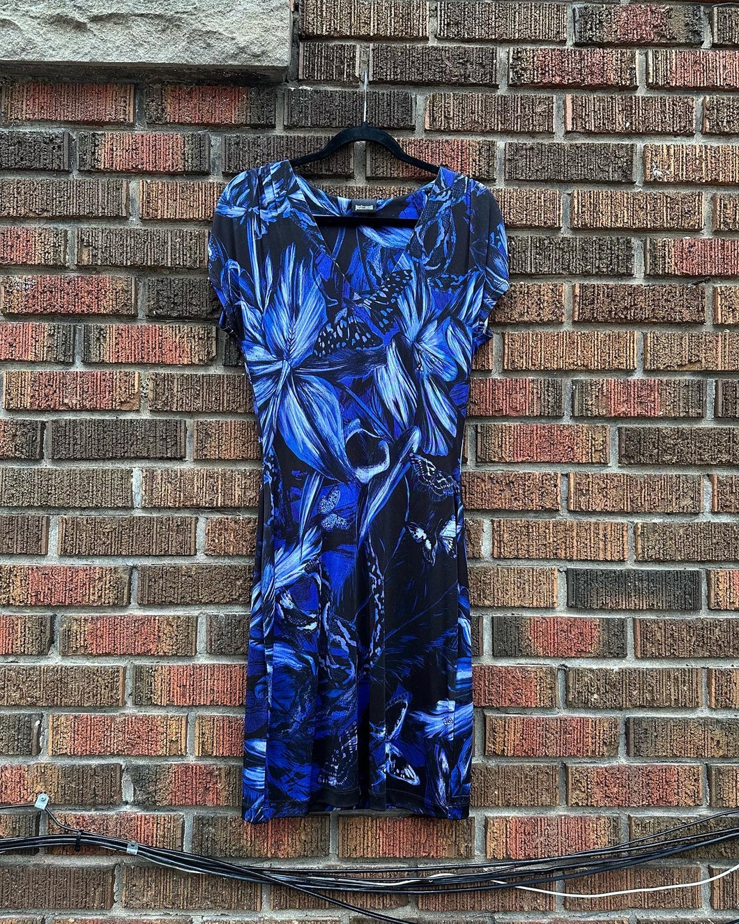 JUST CAVALLI Floral Print V-Neck Slinky Jersey Midi Dress