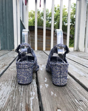Load image into Gallery viewer, CHANEL Blue Tweed Turn Lock Silver CC Block Heel Sandals
