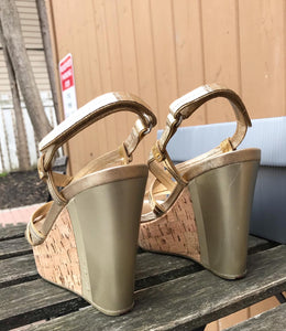 PRADA Patent Leather Cork Platform Wedge Sandals