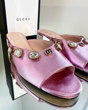 Load image into Gallery viewer, GUCCI Lyric Crystal Embellished Block Heel Leather Mules
