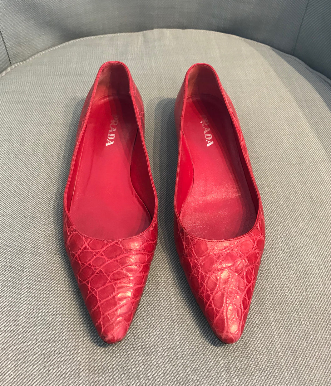 PRADA Stamped Croc Leather Pointy Flats
