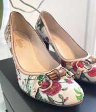 Load image into Gallery viewer, GUCCI Floral Canvas Leather Multicolour Bamboo Horsebit Mid Heel Pumps
