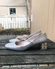 Load image into Gallery viewer, MIU MIU Glitter Crystal Embellished Mid Block Heel Mary Jane Pumps
