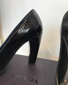 PRADA Patent Leather Logo Plate Square Toe High-Heel Pumps