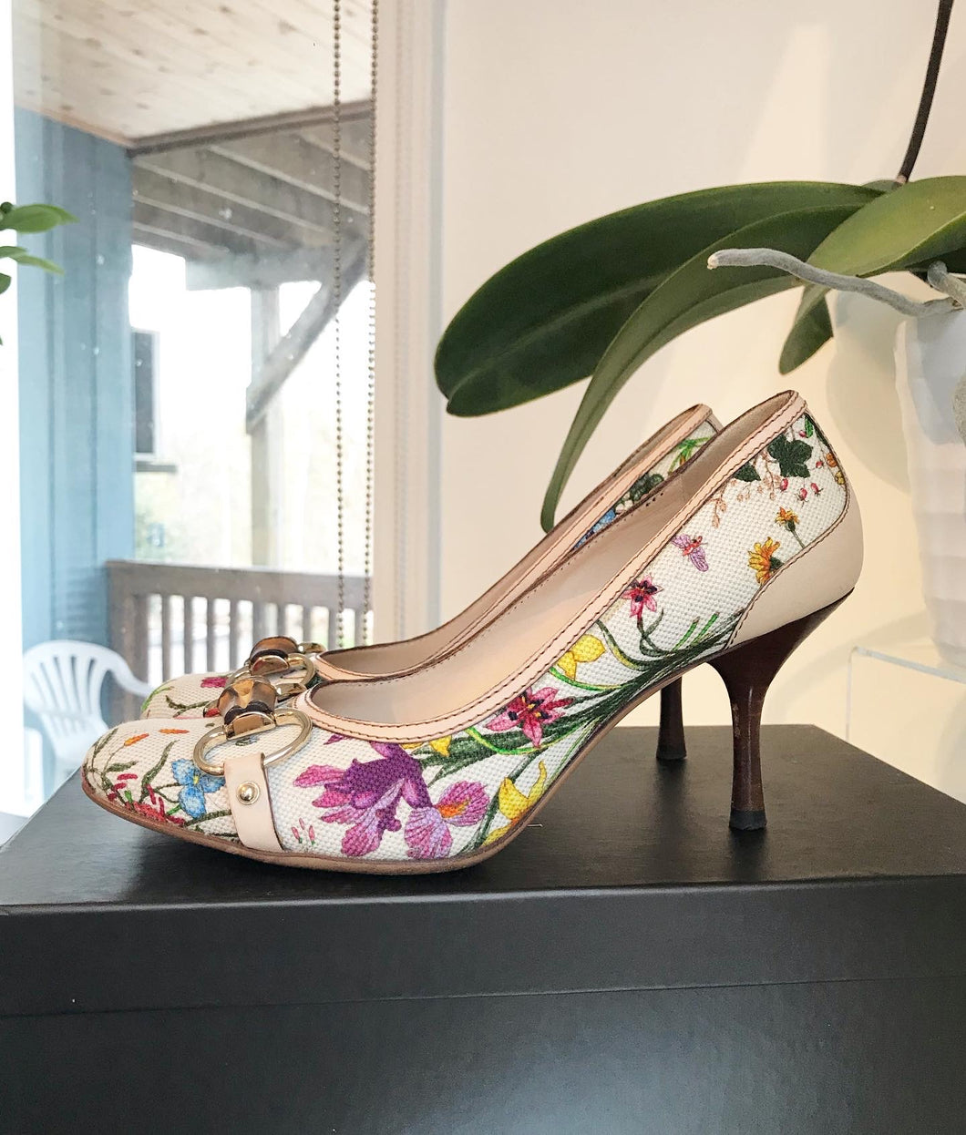 GUCCI Floral Canvas Leather Multicolour Bamboo Horsebit Mid Heel Pumps