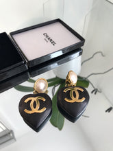 Load image into Gallery viewer, CHANEL Vintage CC Logo Faux Pearl and Wood Heart Drop Clip On Earrings
