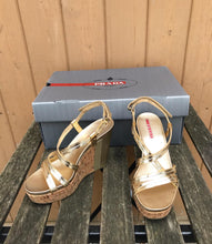Load image into Gallery viewer, PRADA Patent Leather Cork Platform Wedge Sandals
