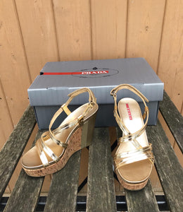 PRADA Patent Leather Cork Platform Wedge Sandals