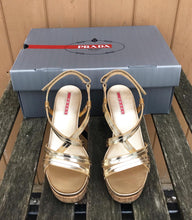 Load image into Gallery viewer, PRADA Patent Leather Cork Platform Wedge Sandals
