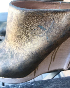 MAISON MARTIN MARGIELA Distressed Leather Wooden Heel Wedges In Gold Paint Drip Design
