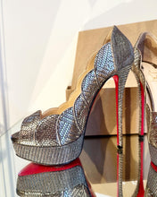 Load image into Gallery viewer, CHRISTIAN LOUBOUTIN 150 MM Silver Metallic Torsatoe Glitter Platform Peep-Toe High Heel Pumps
